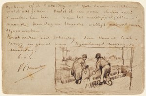 2 人の農夫が掘っているはがき、1885 年。