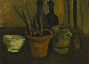 植木鉢にブラシのある静物。植木鉢のブラシのある静物、1884 作： Vincent van Gogh