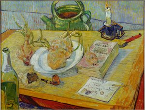 製図板、パイプ、玉ねぎ、シーリングワックスのある静物 作： Vincent van Gogh
