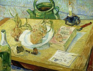 製図板、パイプ、玉ねぎ、シーリングワックスのある静物。 1889 作： Vincent van Gogh