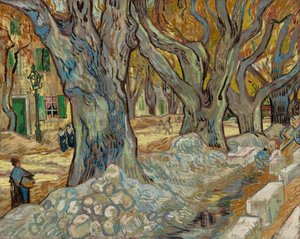 1889年のサンレミでの大規模な平面木ロードメンダー。 作： Vincent van Gogh