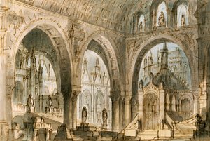 ヴェネツィアのラ フェニーチェ劇場で上演されたヴィンチェンツォ ベッリーニ (1801-1835) のオペラ、カプレーティとモンテッキの第 4 シーンのフランチェスコ バニャーラによるセット デザイン