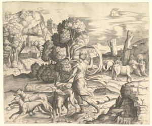 風景の中のハントレス、ダイアナ。 1530-42。 作： Vincenzo Caccianemici