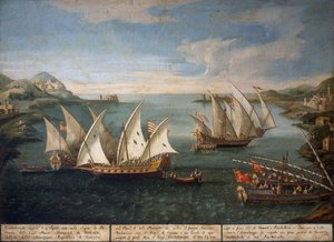 4 月 17 日のパトラ沖でのマルコ イワノビッチ ドブロタのベネチア船とトルコ船の間の海戦 作： Vincenzo Chilone