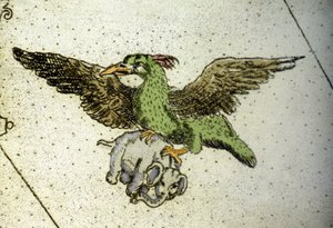 巨鳥ロクが象を子孫に与えるために温室の間に運ぶ、ヴィンチェンツォ・コロネッリ（1650-1718）作の世界地図の細部。17世紀