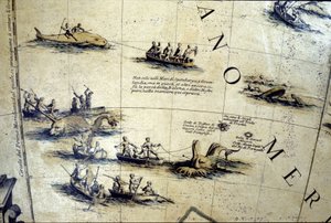 太平洋での捕鯨。17世紀のコロネリ社製地球儀の詳細。 作： Vincenzo Maria Coronelli