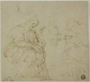 聖母子、坐像、風景画 作： Vincenzo Tamagni