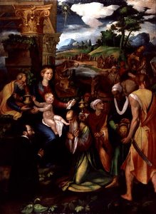 献金者とマギの礼拝」（パネルに油彩・テンペラ） 作： Vincenzo da (d.1557) Pavia