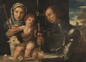 1510-20年の女性聖人と戦士聖人と一緒の幼児聖ヨハネ 作： Vincenzo di Biagio Catena