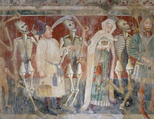 パジンの近く、死を伴った女王と商人、死のダンス（1474）、詳細、岩の聖マリア教会の墓地教会のフレスコ画、ヴィンチェンツォ・ダ・カストゥア作、ベラム、イストリア、クロアチア 作： Vincenzo di Castua