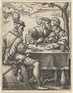 テーブルでトランプをしている 2 人の男性と女性。 1535-62。 作： Virgil Solis