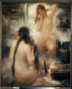 Dans un bain devapor (サウナ) - 蒸気浴 - 2 人の裸の若い女性が髪を梳き、伝統的なロシアの水治療法を楽しんでいる - ヴィタリ ガブリロヴィチ チホフ (1876-1939) の絵画、キャンバスに油彩、20 ​​世紀初頭 - ロシア美術-収集 作： Vitali Gvrilovich Tikhov