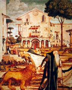 ライオンを飼いならす聖ジェロームの詳細、1501-09年（60932の詳細） 作： Vittore Carpaccio