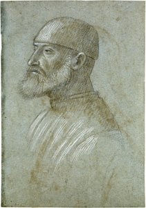 帽子をかぶったひげ面の男性の頭部、左向きの横顔 作： Vittore Carpaccio