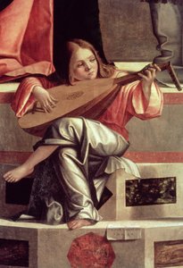 リュートを弾く吟遊詩人の天使（『神殿におけるイエスの奉献』より 作： Vittore Carpaccio
