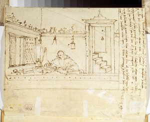 「机で書く哲学者の肖像」（ペンを手に持つ哲学者）ヴィットーレ・カルパッチョによるインク画（1460-1526）1502-1505 プーシキン美術館、モスクワ 作： Vittore Carpaccio
