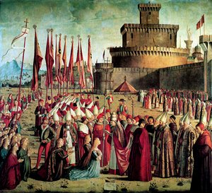 巡礼者はローマの壁の前で教皇キリアカスに出会う1497年の聖ウルスラの伝説