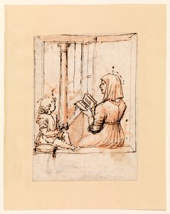 幼いキリストに読み聞かせる聖母マリア（長方形） 1480年代後半～1490年代前半（赤チョークの上にペンと焦げ茶のインク、敷き紙 作： Vittore Carpaccio