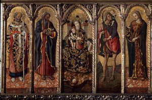 「マドンナと子供と聖人」は次のように表されます: Myre または Bari の聖ニコラス (270-345)、Saint Anthony Abbot (Saint Anthony the Great (250/251-356) (または Saint Anthony the hermit))、Saint Christopher and聖カタリナ（アレクサンドリアの？） 作： Vittorio Crivelli