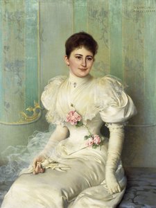 白いドレスを着て、4分の3の長さに座っている女性の肖像画 作： Vittorio Matteo Corcos