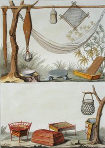 オランダ領アンティル、カリブ族の家庭用道具と家具、ジュール・フェラリオ著「Le Costume Ancien et Moderne」のプレート69、1820年代から30年代にかけて出版された（カラーリトグラフ）。 作： Vittorio Raineri
