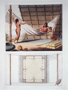 オランダ領アンティル、カリブ族の家庭内、プレート67、ジュール・フェラリオ著「Le Costume Ancien et Moderne」（1820年代～30年代に出版）より（カラーリトグラフ