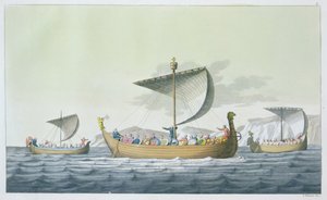 ウィリアム征服者の艦隊、1066年、ジュールズフェラーリオの「ルコスチュームアンシャンエモデルヌ」のプレート8、1820年代から30年代に出版 作： Vittorio Raineri