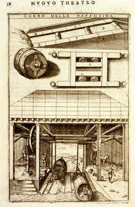 陸と水の間で商品を移動させるための馬力式油圧プーリー機構、1607 作： Vittorio Zonca