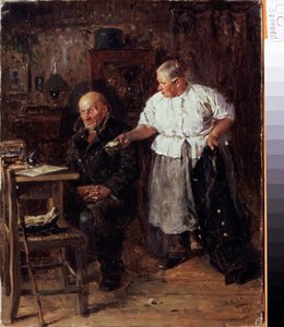 叱責（叱責）。 室内にいる老夫婦で、妻が財布を見せて夫を責める。 Vladimir Yegorovich Makovsky（Makovsky、Makovskij）（1846-1920）による絵画、キャンバスに油彩