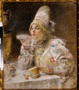 お茶の時間。 (モスクワ公国の伝統的なドレスと頭飾りを身に着けたボヤールの女性 (boiard, boiar) が、サモワールの近くに座って、カップの受け皿に注いだお茶を飲んでいます)。 コンスタンチン・エゴロヴィッチ・マコフスキー（コンスタンティン・マコ）の絵画