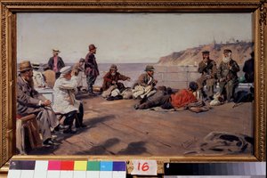 デッキで（デッキで）。 海岸沿いを走るボートに乗ったあらゆるクラスの旅行者。 Vladimir Yegorovich Makovsky（Makovsky、Makovskij）（1846-1920）による絵画、キャンバスに油彩