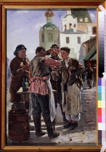 Kvass（Kwass）の売り手（Kvass Seller）。 発酵させた発泡性の飲み物で、弱アルコールで人気があり、通称パン ビール、ロシアの国民的飲み物です。 Vladimir Yegorovich Makovsky（Makovsky、Makovskij）（1846-1920）による絵画、キャンバスに油彩