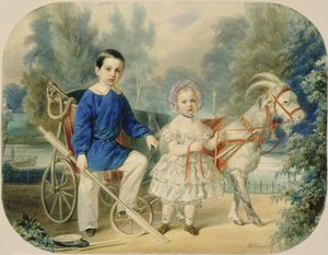子供としてのアレクサンダー大公とアレクセイ大公、1853年（段ボールにトイレ） 作： Vladimir Ivanovich Hau