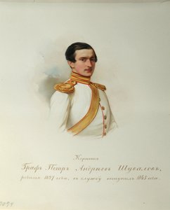 ピョートル・アンドレエヴィッチ・シュヴァロフ伯爵の肖像 (1827-1889) (帝国騎兵隊のアルバムより) - ハウ (ガウ)、ウラジミール・イヴァノヴィッチ (1816-1895) - 1846-1849 - 紙に水彩 - IRLI ロシア文学研究所 ( プーシキンの家)、サンクトペテルブルク 作： Vladimir Ivanovich Hau