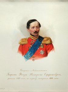 フョードル・ペトロヴィッチ・フォン・オッフェンベルク将軍の肖像 (1789-1857) (帝国騎兵隊のアルバムより) - ハウ (ガウ)、ウラジミール・イワノヴィッチ (1816-1895) - 1846-1849 - 紙に水彩 - ロシア文学研究所 IRLI （プーシキンハウス）、セントピート 作： Vladimir Ivanovich Hau