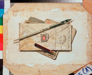 手紙とトランプ。 静物。 ウラジミール・パブロビッチ・ソコロフ (1860-1913) の作品、紙に水彩。 ロシア美術 作： Vladimir Pavlovich Sokolov