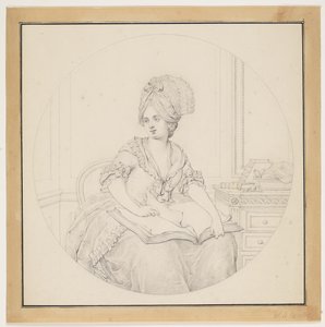 膝の上に横たわって本をめくる若い女性 作： W.A. Müller