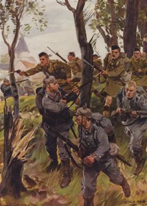Seaforth Highlanders が敵を敗走させる (カラー リソ) 作： W.R.S. (after) Stott