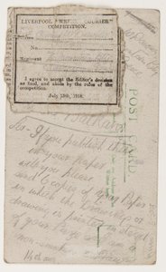 1918年8月14日、リバプールウィークリークーリエの編集者へのポストカード（はがきに鉛筆） 作： W. Dawson