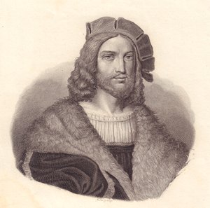 イタリアの詩人アントニオ・テバルデオ（1463-1537）の肖像、ラファエロの絵画からの銅版画 作： John Ward Dunsmore