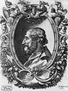 ルドヴィコ・アリオスト（1474-1533）の肖像（イタリアの詩人・劇作家）、「Medaglie del Doni」、Enea Vico（1523-1567）の彫刻作品 作： John Ward Dunsmore