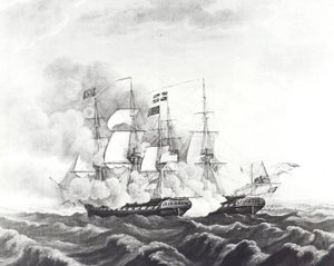 USS ConstitutionとHMS Guerriere（リトグラフ 作： John Ward Dunsmore