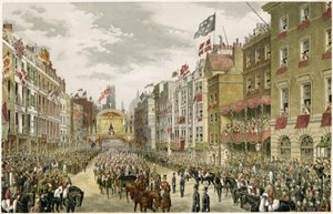 ストランドの行進、テンプルバー、ストランド、ロンドン、英国（カラー彫刻） 作： W. H. Russell