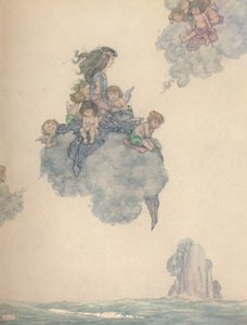 残りの空気の子供たちと一緒に、バラ色の雲、c1930の上空を舞い上がった 作： William Heath Robinson