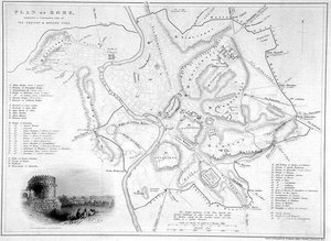 イタリア・ローマ。古代遺跡と近代遺跡の比較地図、1850年頃（エングレーヴィング） 作： W Hughes
