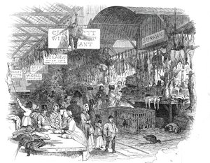 1845年のクリスマスイブに開催されたLeadenhall Market。 作： W. J. Linton