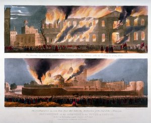 1841 年 10 月 30 日のロンドン塔の武器庫の焼失の 2 つのビュー 作： W Kohler and Co
