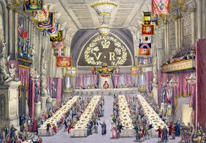 1837年にギルドホールで開催された宴会でビクトリア女王に健康の乾杯を宣言する一般人