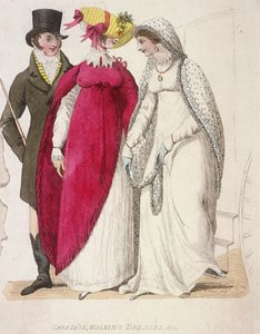 ウォーキングドレスを着た2人の女性が男性に連れられている様子（1810年頃 作： W Read
