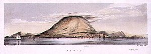 西インド諸島ネイビス島チャールズタウンの眺め、Henry C. Trery (fl.1849-54)の彫刻、1849年頃（カラーリトグラフ版） 作： W. S. (after) Andrews